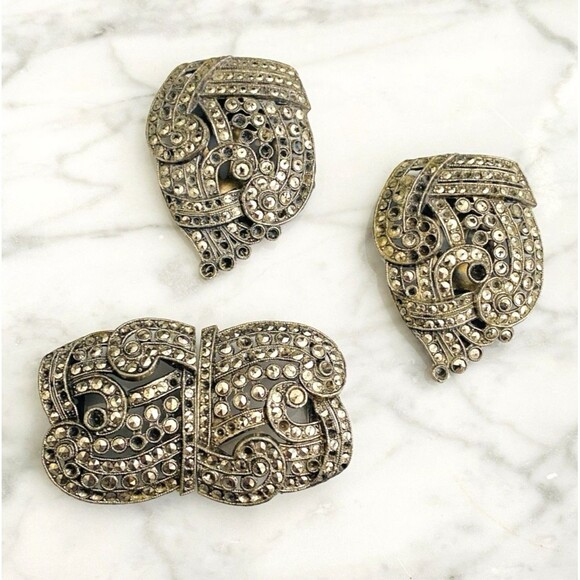 Antique Art Deco Marcasite Pot Metal Dress Clips & Belt Buckle Set As Is Repair